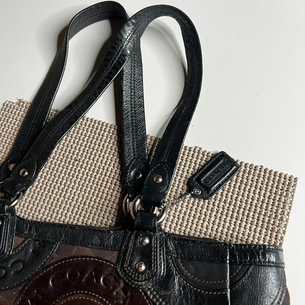 Coach Audrey Signature Patchwork Tote Brown Black Jacquard Leather Bag F15466